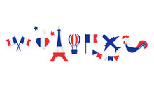 France Collection. Blue, White And Red National Colors. Flags, Heart, Stars, Eiffel Tower, Balloon, Airplane, Cock. Vector Illustration