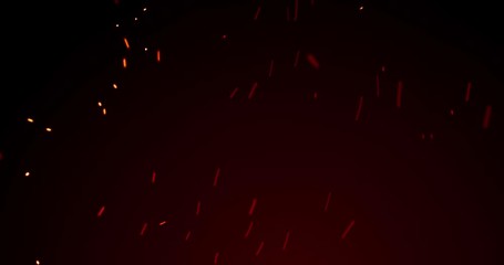 Poster - Fire sparks and red flame sparkles, red light glitter, particles on black background. Golden yellow and red glowing fire flame sparks and heat blaze glittery flares shine