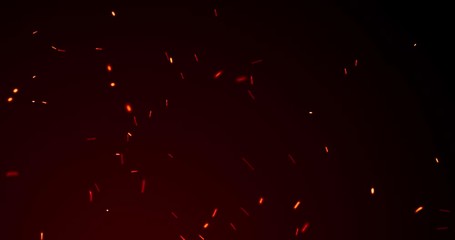 Poster - Fire sparks and red flame sparkles, red light glitter, particles on black background. Golden yellow and red glowing fire flame sparks and heat blaze glittery flares shine