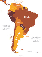 Poster - South America map - brown orange hue colored on dark background. High detailed political map South American continent with country, ocean and sea names labeling