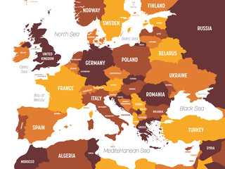Poster - Europe map - brown orange hue colored on dark background. High detailed political map of european continent with country, ocean and sea names labeling