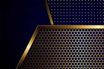 Poster - Abstract black banner gold blue overlap on design modern luxury background texture vector illustration. transparency black of horizontal line pattern, dot and hexagon patterns. 