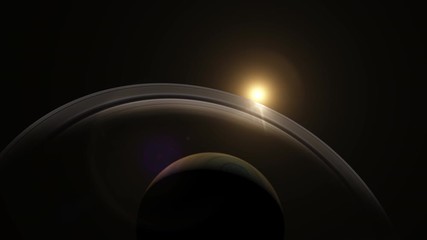 Wall Mural - slowly orbiting around the gas giant saturn with the rings gradually catching the light from the bri