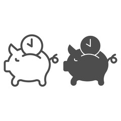 Poster - Pork piggy bank and watch line and solid icon. Time is money symbol, outline style pictogram on white background. Money saving and financial investments sign for mobile concept and web design. Vector.