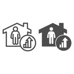Poster - Property investment growth line and solid icon. Home with person and success upward arrow symbol outline style pictogram on white background. Real estate invest sign for mobile concept and web design.