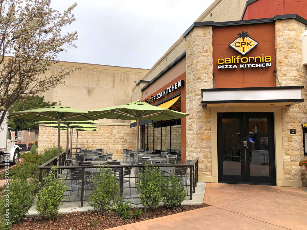 Pleasanton, CA - April 01, 2019: California Pizza Kitchen storefront. California Pizza Kitchen is a casual dining restaurant chain known for its innovative and nontraditional pizzas.