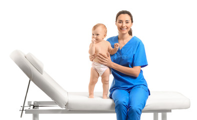 Poster - Massage therapist with cute baby on white background