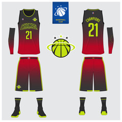 Basketball uniform mockup template design. Tank top t-shirt, sock, basketball shorts mockup for basketball jersey. Front view, back view basketball shirt. Flat sport logo design. Vector Illustration.