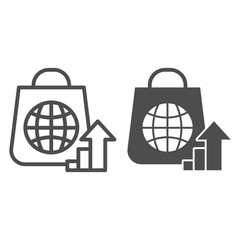 Poster - Package with globe and upward arrow line and solid icon. Consumer demand growth symbol, outline style pictogram on white background. Shopping bag with globe sign for mobile concept and web design.