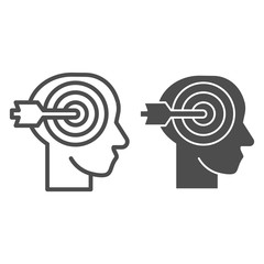 Poster - Head with target and arrow line and solid icon. Personal targeting with human mind symbol, outline style pictogram on white background. Creative thinking sign for mobile concept and web design.