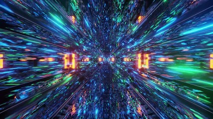 Wall Mural - Fast motion graphics sci fi purple, green, teal and orange space tunnel with glowing neon particles