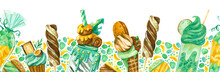 Sweet-stuff, Confection Hand Drawn Illustrations Horizontal Background. Ice Cream, Lollipops, Cupcakes, Milkshakes, Sweets, Marmalade, Cookies, Caramel And Candy Canes. Cartoon Sweets 
