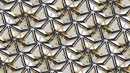 Poster - Abstract 3D background with fantasy luxury pattern of black and white triangular polygons and golden spheres. 3D illustration