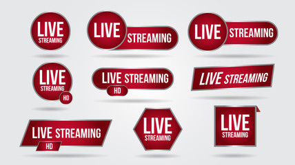 Poster - Set of live video streaming icons logo tv news banner interface.Red symbols lower third template broadcast.Red set of media labels on transparent background.