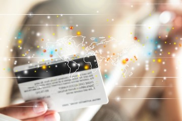 Poster - Man holding a credit card and map illustration