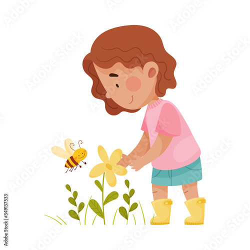 Cuadros en Lienzo Cute Girl Standing and Exploring Flora and Fauna Vector Illustration