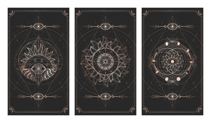 Wall Mural - vector set of three dark illustrations with sacred geometry symbols, grunge textures and frames. ima