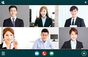 Wall Mural - screenshot of  smiling business group online brainstorm on video conference