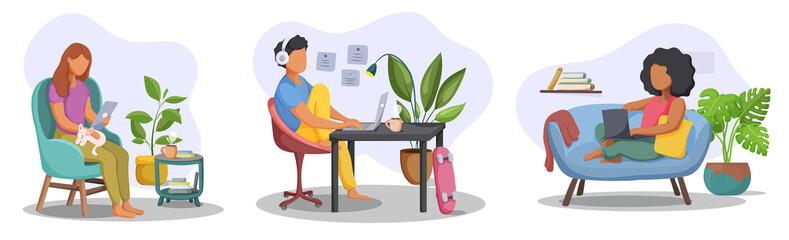 Collection of people working at home. Freelancer, online education or social media concept. Vector illustration.