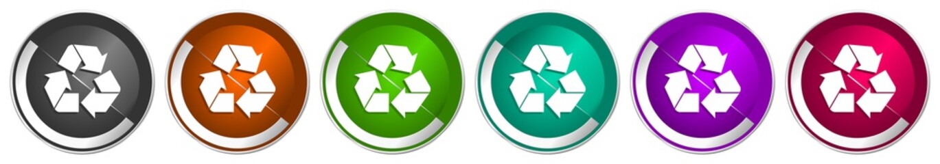 Aufkleber - Recycle icon set, silver metallic chrome border vector web buttons in 6 colors options for webdesign