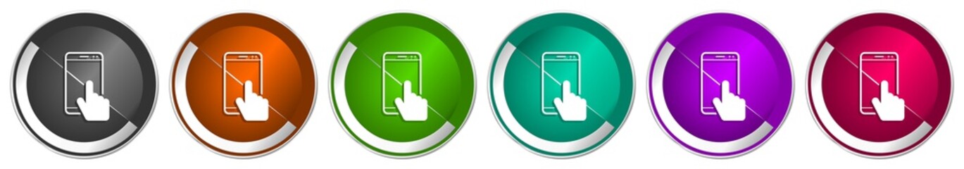 Poster - Smartphone icon set, mobile phone silver metallic chrome border vector web buttons in 6 colors options for webdesign