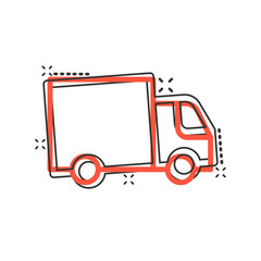 Delivery truck icon in comic style. Van cartoon vector illustration on white isolated background. Cargo car splash effect business concept.