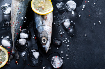 Wall Mural - 2 fish, ice cubes, spices, salt ,   lemon slices, on a black  , top view, close up, mackerel