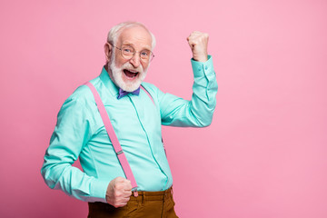 Sticker - Oh yeah. Profile photo of funky grandpa raise fists celebrating ecstatic good mood wear specs mint shirt suspenders violet bow tie pants isolated pink pastel color background