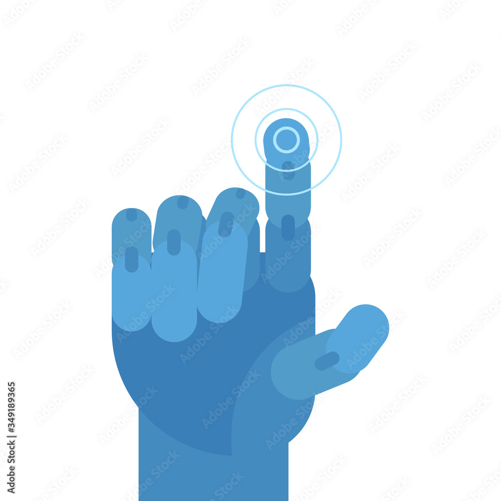 Robot and mechanical hand. Robotic arm presses the index finger on the ...