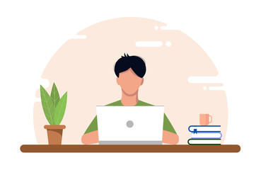 Work at home concept, coworking space flat illustration. A young freelancer guy working at a desk on a laptop during Covid-19 quarantine. Design for the site. Vector stock flat style self employed.