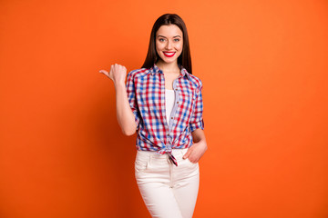Wall Mural - portrait of cute sweet elegant girl promoter point index finger copyspace suggest select ads promoti