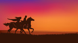 Fototapeta Konie - fairy tale prince and princess riding horses over romantic sunset field - royal couple silhouette vector scene
