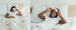 © LIGHTFIELD STUDIOS - collage of african american girl sleeping, awakening and touching sleep mask while smiling at camera, panoramic orientation