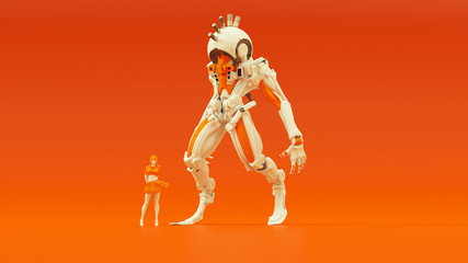 Wall Mural - Futuristic AI Hunter Droid Cyborg Mech White an Orange with Female Handler Left View 3d illustration 3d render