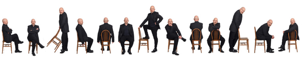same man sitting and standing with a chair on white background