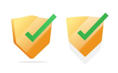 Aufkleber - Shield icon logo vector or security guard protection symbol with checkmark or tick flat design isolated on white background, concept of insurance guarantee or warranty emblem design modern logotype