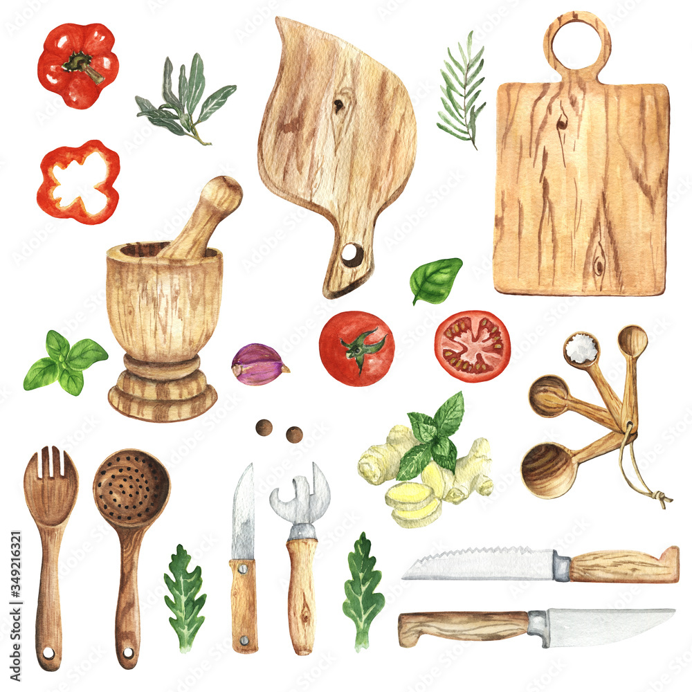 Watercolor Kitchen Utensils Clipart. Kitchen wood tools, food, herbs and  spices. Cooking culinary clip art. Hand Painted Menu. Baking. Stock  Illustration | Adobe Stock, image size:1000x1000