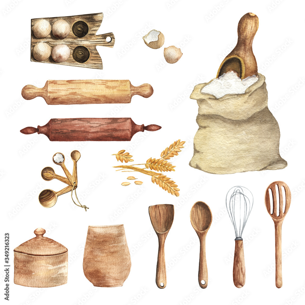 Watercolor Kitchen Utensils Clipart. Kitchen wood tools, food, herbs and  spices. Cooking culinary clip art. Hand Painted Menu. Baking. Stock  Illustration | Adobe Stock, image size:1000x1000