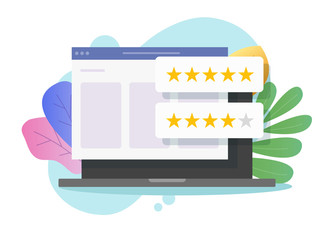 Poster - Online reviews on website page or internet web testimony on computer laptop vector flat cartoon, illustrated pc with feedback or reputation review stars rating modern design icon image
