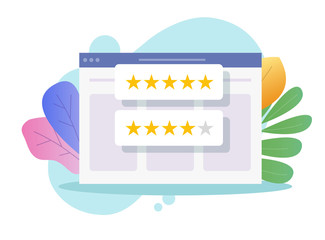 Aufkleber - Review rating online on website or customer testimony feedback web internet experience vector flat cartoon, illustrated audit rate stars on browser with web reputation on colorful background image