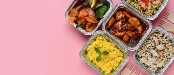 Healthy food restaurant dish delivery. Take away fitness meal banner. Different aluminium lunch box with risotto, chicken chickpeas and rice, salmon salad, hot chicken teriyaki, shrimp and green beans