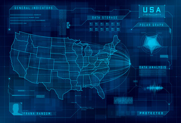 Poster - HUD map of the USA. Set of HUD callout design elements. Cybersecurity, information security, big data analytics, safety system. Futuristic digital background. Vector 