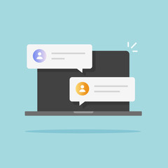 Fototapete - Chat messages online on laptop computer pc with chatting bubble speeches vector flat cartoon isolated, on-line or internet chatting symbol notifications image