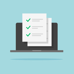 Fototapete - Check list paper document online on computer laptop or examining results checklist on pc vector flat cartoon, illustrated pc with check marks or ticks as complete to do list or survey form icon image