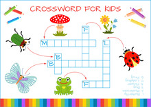 Mini-game: Crossword For Children. Learning English Words. Set Of Funny Characters: Butterfly, Bug, Mushroom, Flower, Ladybug, Frog. Vector Illustration For Kids.