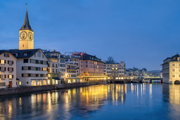 View of Zurich city center with famous historical houses and river Limmat, Canton of Zurich, Switzerland