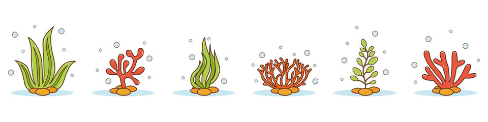 Set of cartoon underwater plants and creatures. Vector isolated corals and algae.
