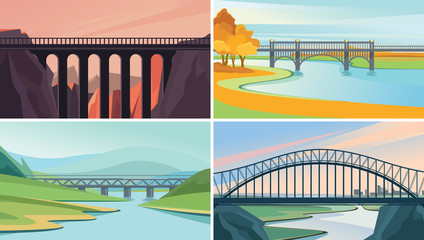 Set of nature landscape with bridges. Beautiful sceneries.