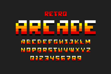 Aufkleber - pixel retro arcade game style font, 80s alphabet, letters and numbers