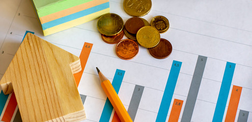 Poster - top view of business chart on white table with pencil, money, wood home